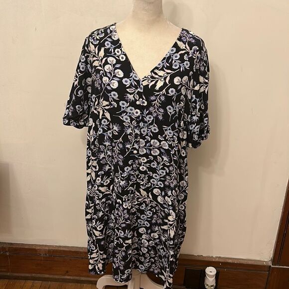 LOFT black floral short sleeve peplum bottom button front dress Size XLP New - Picture 1 of 12